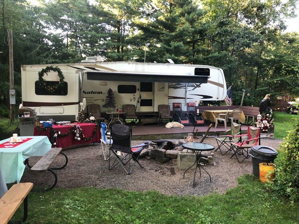 rv campsite with chairs and firepit