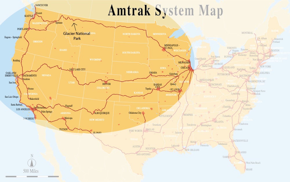 US Amtrak System Map with routes to Glacier highlighted in a circle. 