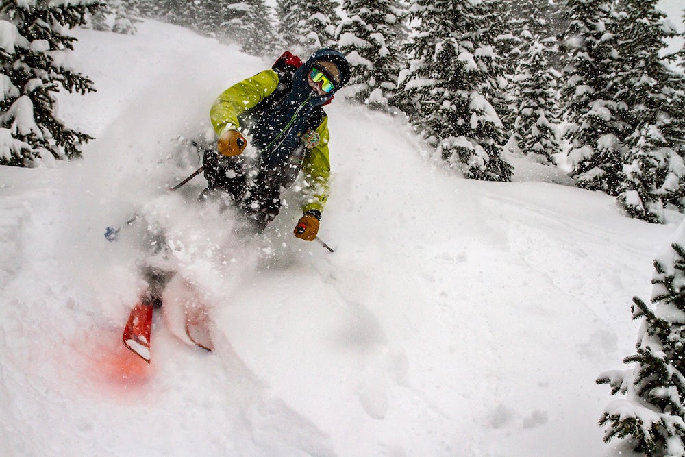 Skier riding through powder, surrounded by trees. 