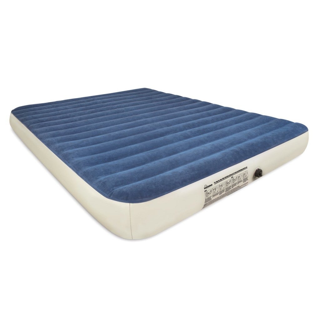 a camping air mattress in queen size with a blue top