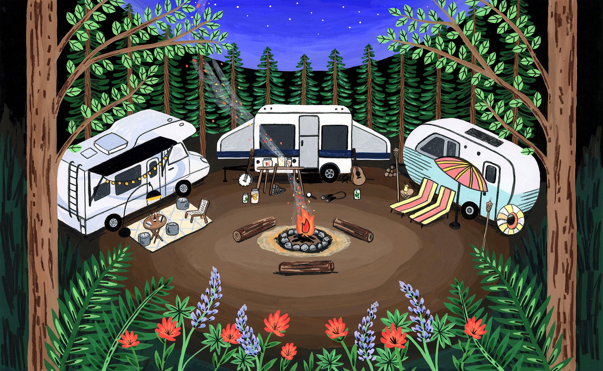 an illustration of a campground with 3 RVs in a forest at night