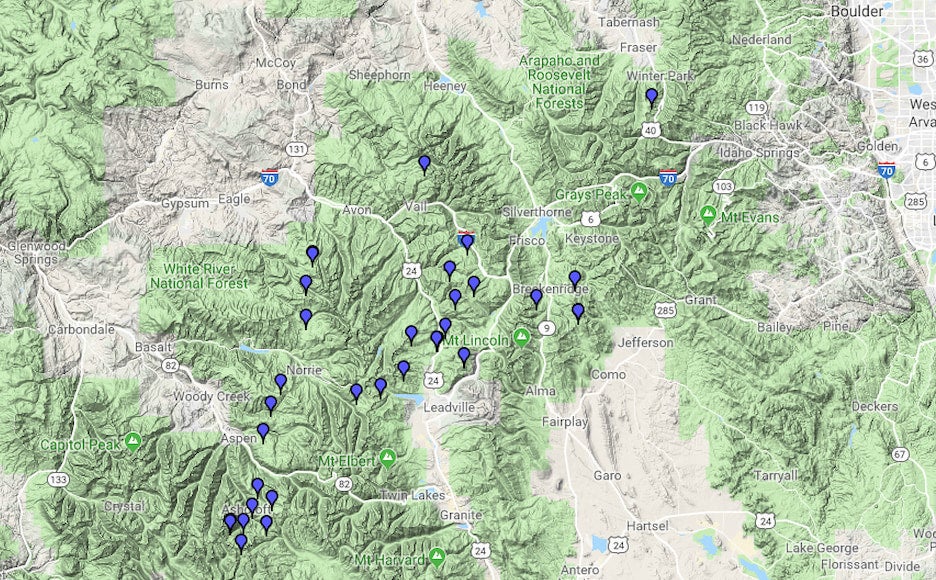 Relief map showing locations of 10th Mountain Division Huts in Colorado. 