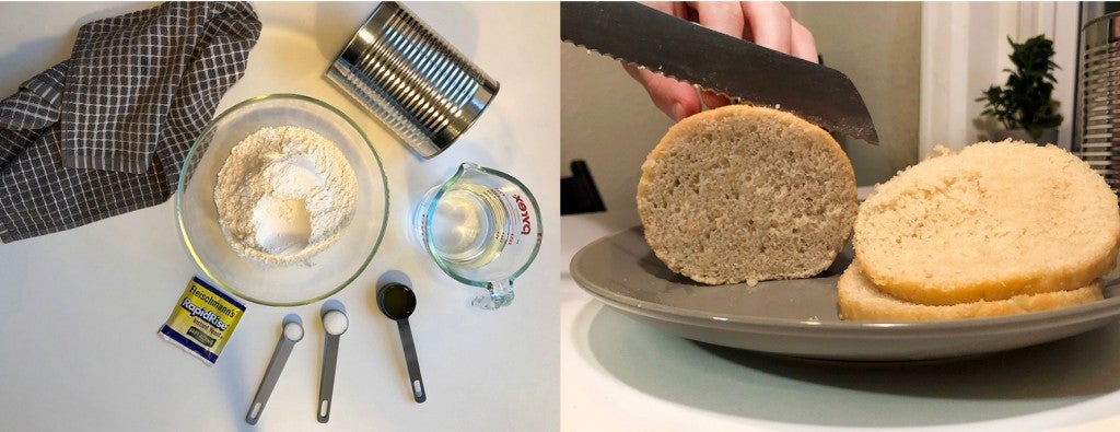 a picture of break making ingredients and a knife slicing bread into circles