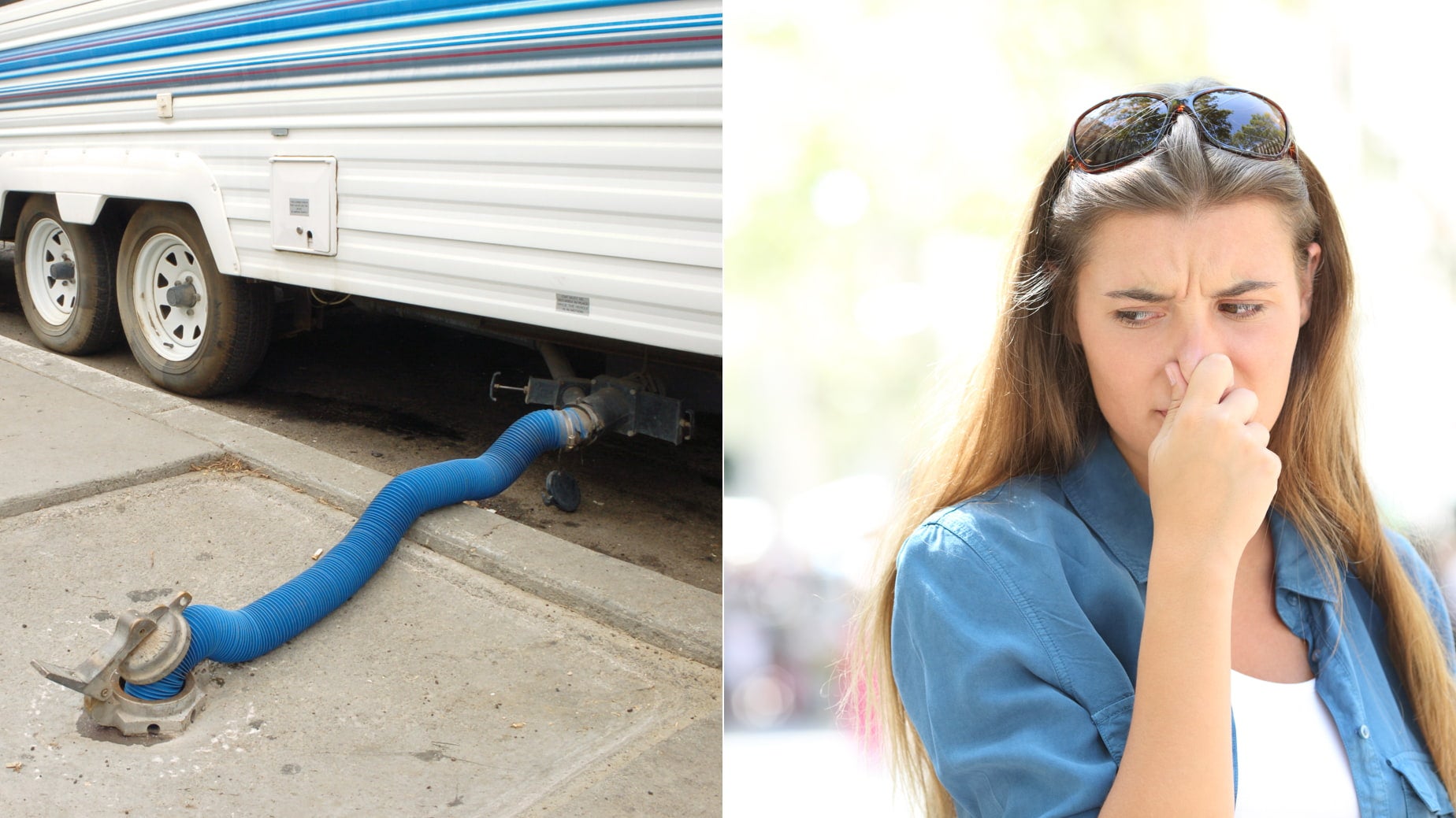 a woman holds her nose while draining a toilet tank in an RV