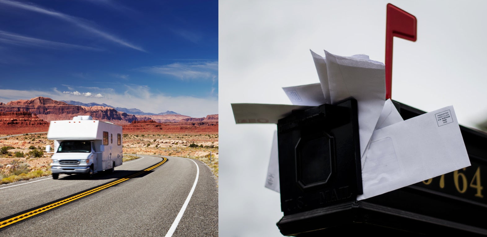 an RV driving through the desert next to a mailbox overfilled with mail