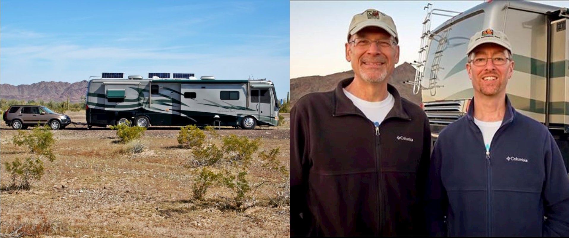 an RV on the road in a desert next to an image of john and peter from the RVGeeks