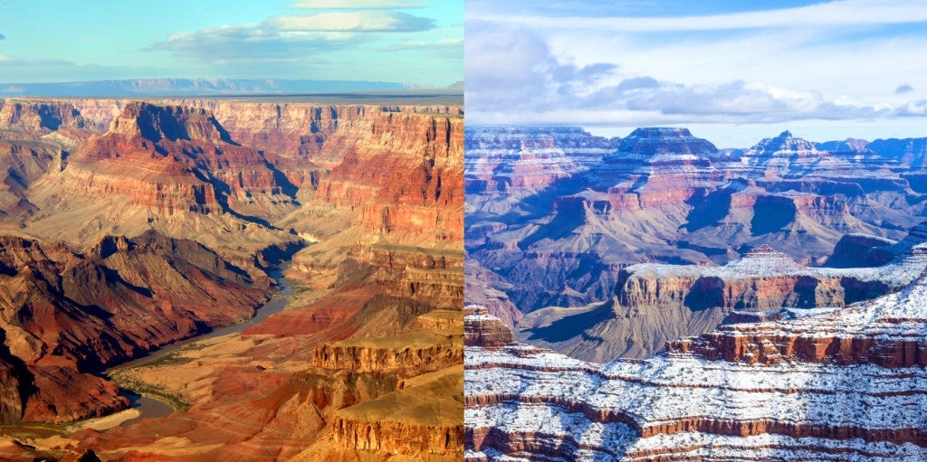 a side by side image of the grand canyon in the summer and the winter