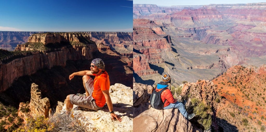 a side by side image of men sitting on cliff edges in the grand canyon