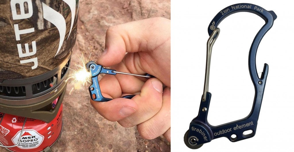 (left) image of a firebiner sparking a camp stove (right) product image of a black firebiner on a white background, knife with firestarter features visible