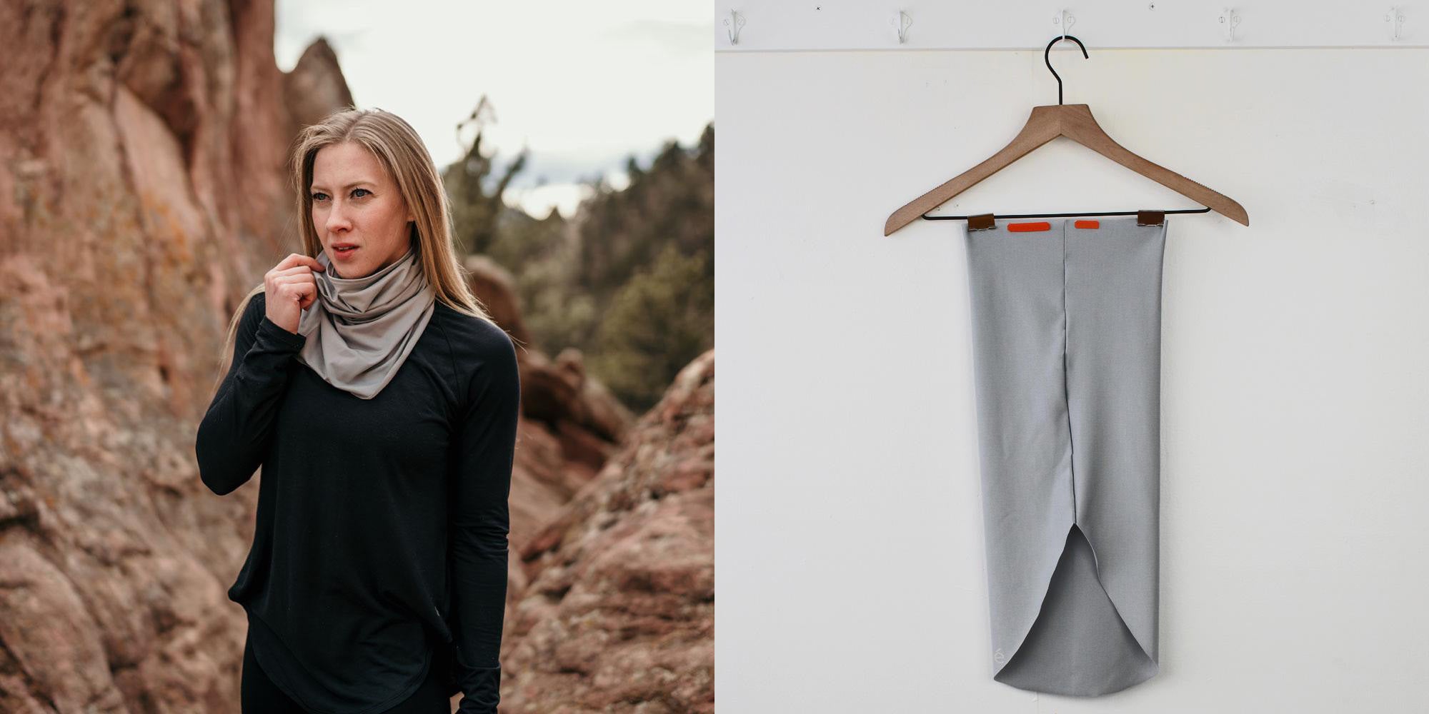 Left: Woman in nature with scarf. Right: Eclipse glove scarf