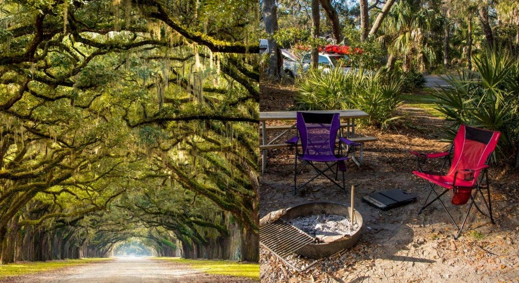 (left) looking down dirt lane through green living oaks of the south (right) 2 camp chairs around a fire pit in a campground near savannah ga