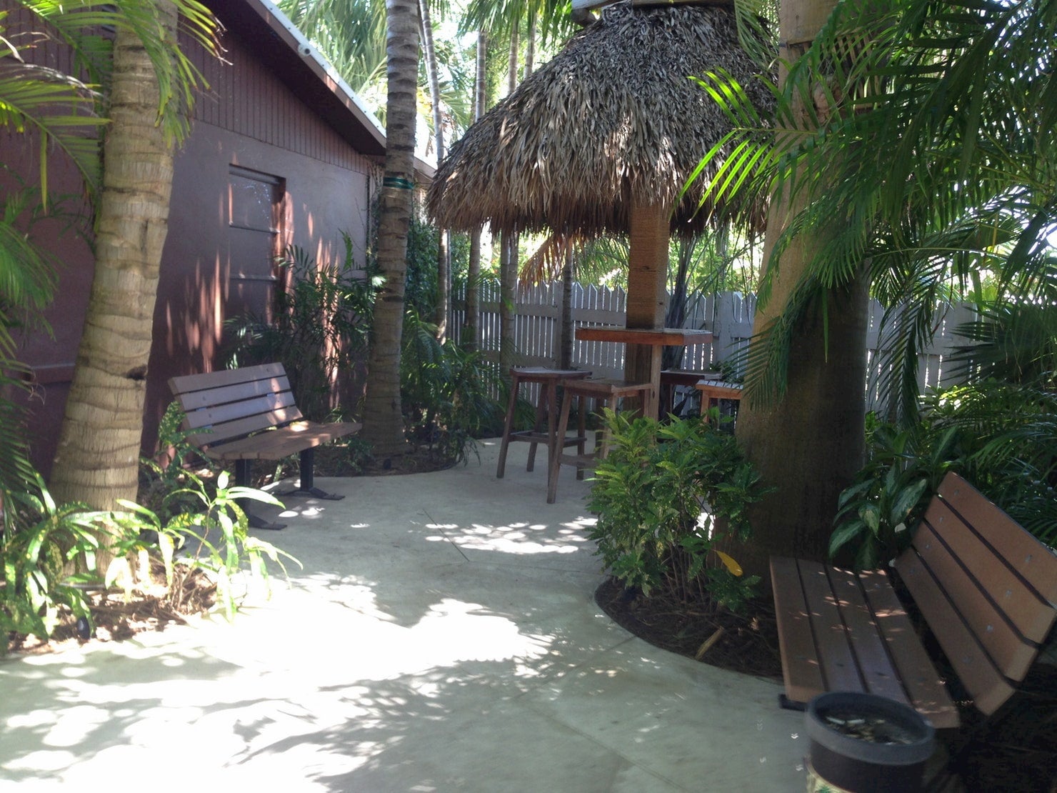 Palm trees and tiki hut surrounded by a terrace.