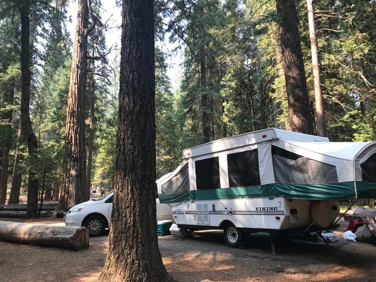 a car and pop-up tent camper set up at a campground in the forest