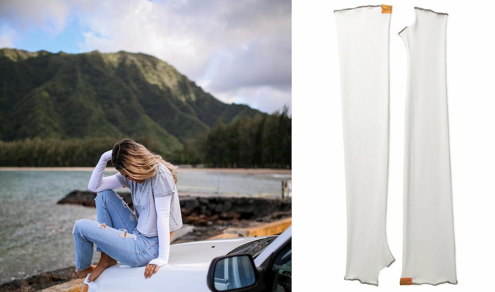 Left: Woman sitting on car with beach behind her. Right: White UV protection sleeves 