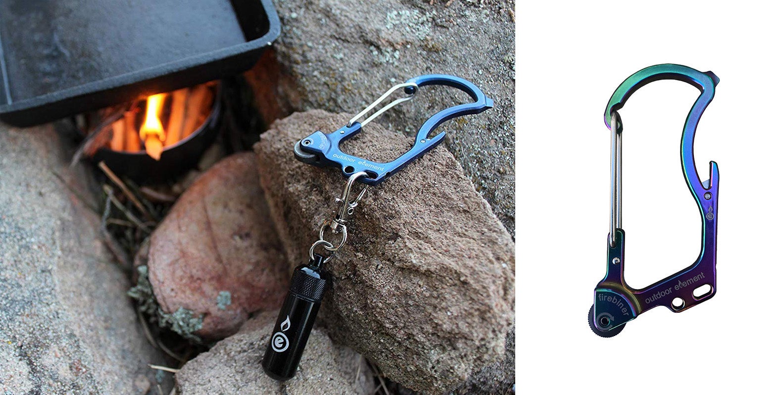 (Left) Firebiner sitting on rock beside cast iron skillet over flame. (right) Firebiner product image