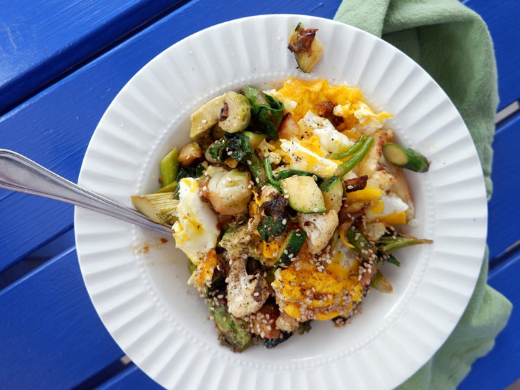 a keto meal of veggies and eggs eaten while camping