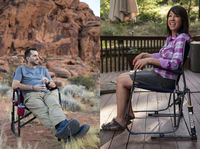 (left) man lounging in camp chair amongst desert red rocks (right) woman poses for photo in GCI pod rocker chair on outdoor deck