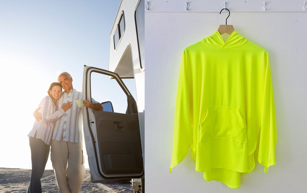 (left) senior couple embrace and rest against open door of RV (right) yellow uv protective poncho hanging up