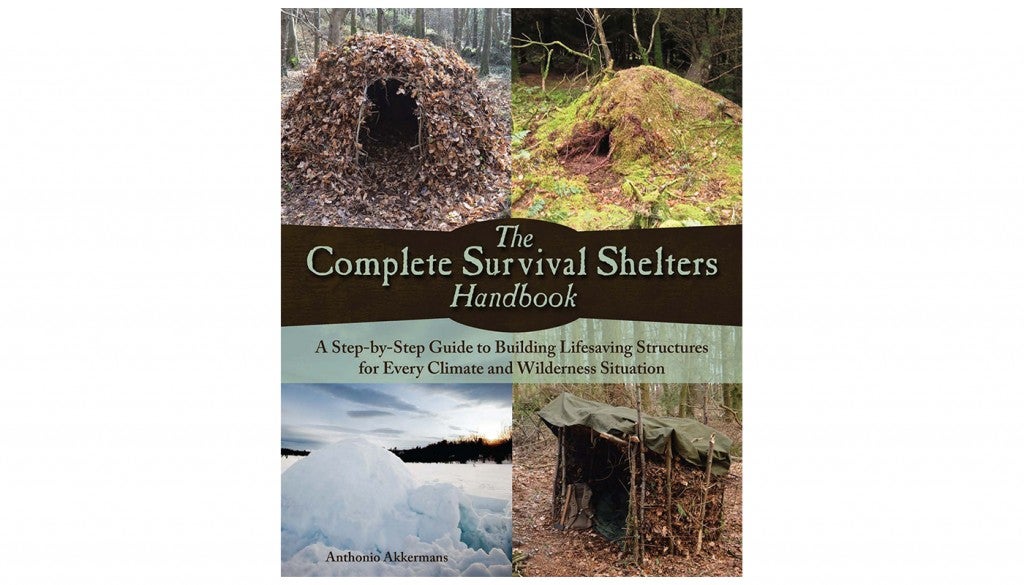 the book cover for “Complete Survival Shelters Handbook,” by Anthonio Akkermans