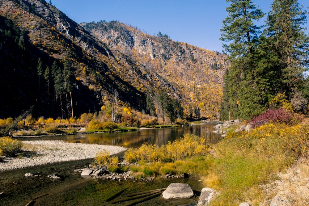 Autumn foliage in the Wenatchee River winding through the mountains. 