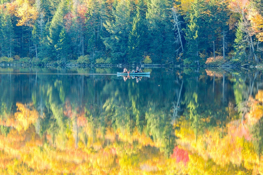 People in canoe on river with reflection of yellow trees