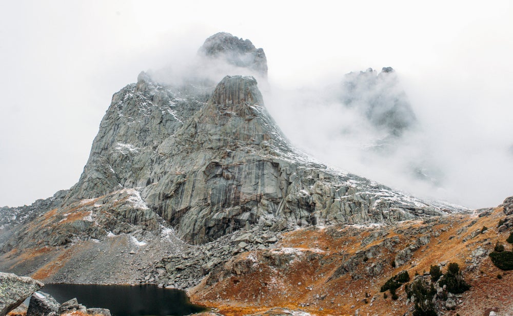 Cirque of the Towers covered in fog.