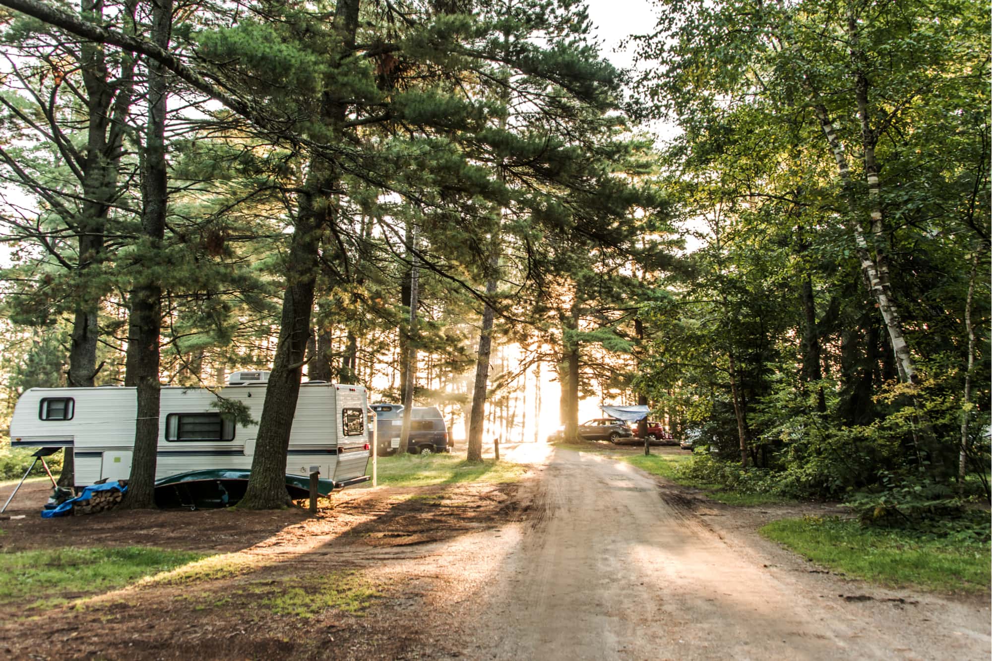 a forested rv campground with a stationary rv and other cars in the sites between trees