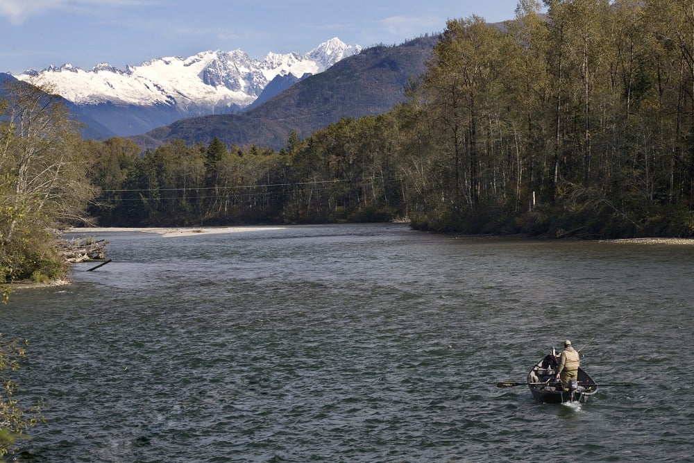 Fisherman riding in boat on Skagit river.