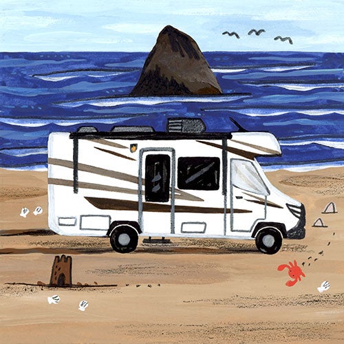 an illustration of an RV on a beach resting on the sand