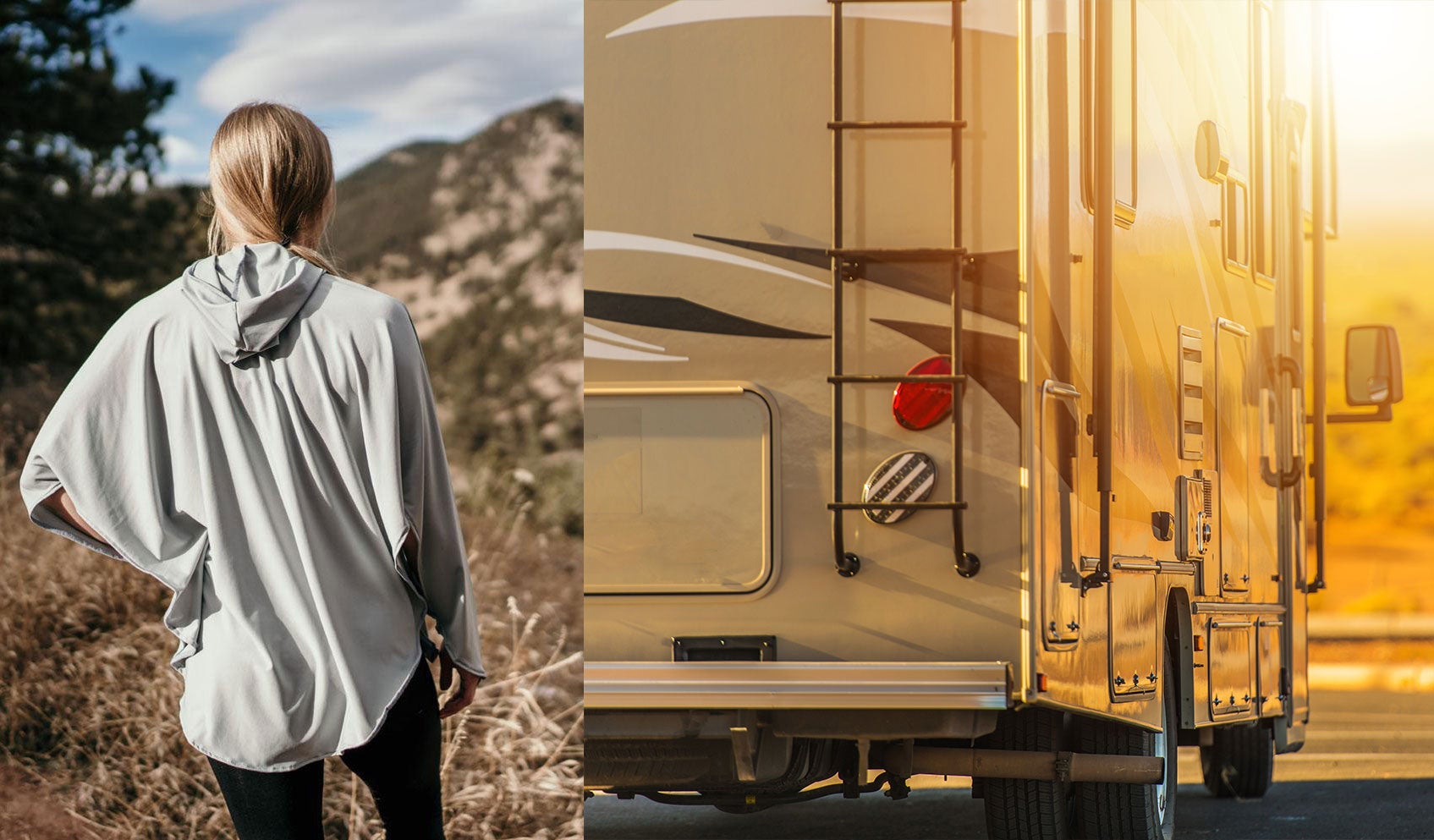 (left) view of woman from behind as she poses in uv protective clothing on the trail (right) back view of large RV at sunset