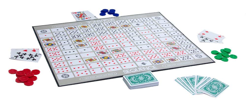 a product image of the game sequence on a table with cards and game chips