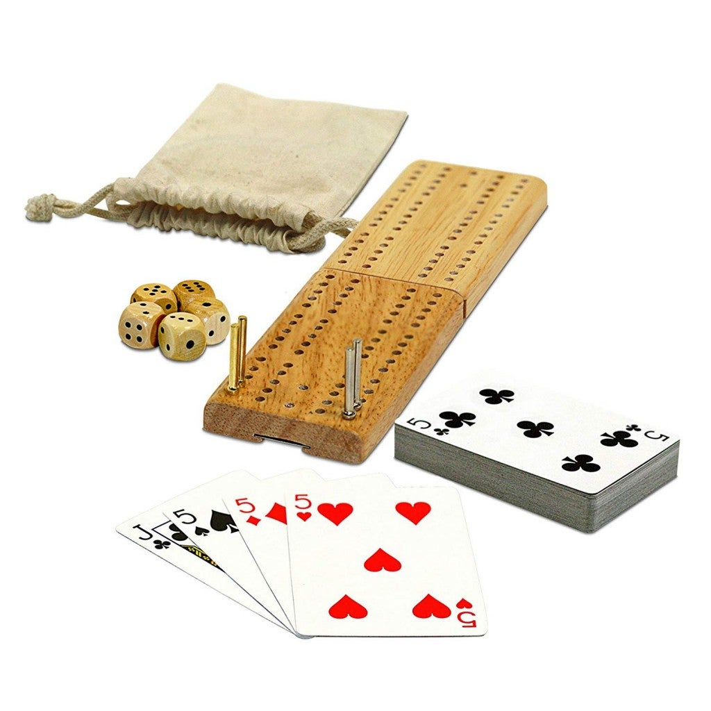 a cribbage board in a travel case with playing cards