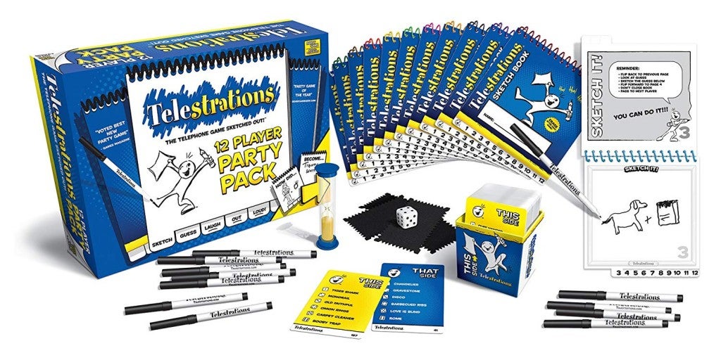 a collection of game pieces for the game telestrations with a box