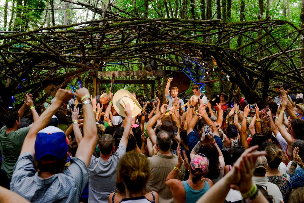 a crowd of people in front of astage at pickathon music fest