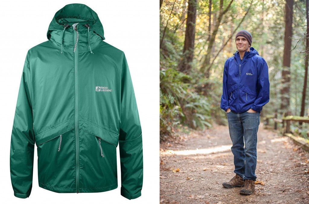 a split image of a red ledge packable rain jacket and a man on a trail wearing the jacket