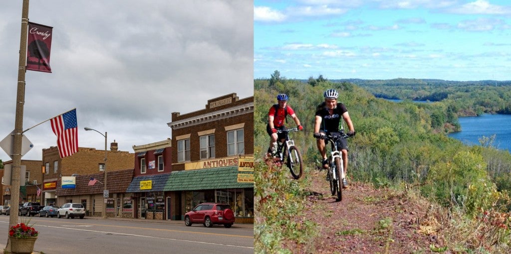 an image of crosby, MN and an image of two bikers on a trail over a lake