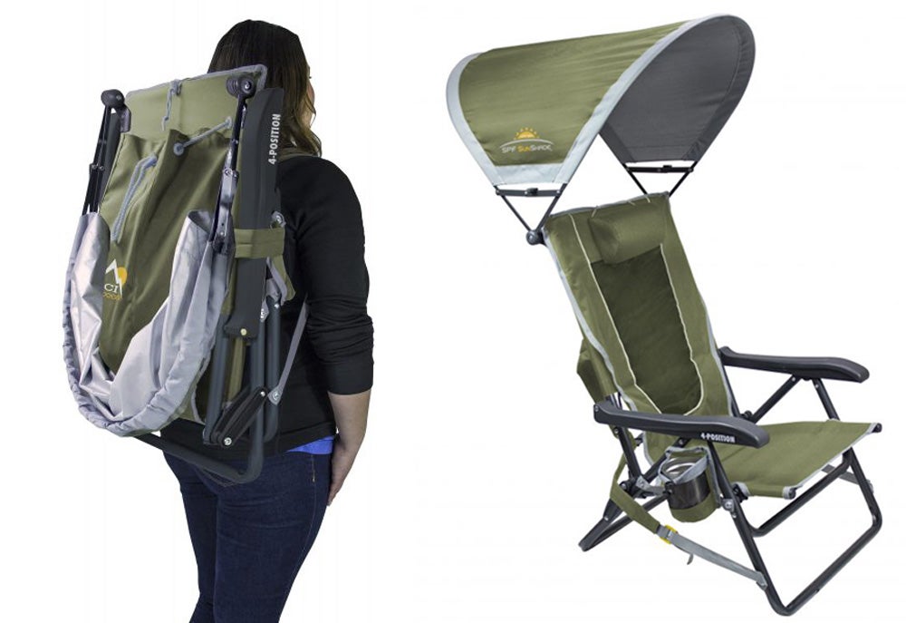 Left: Woman with folding chair on her back. Right: Chair with sun covering overhead
