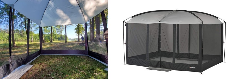 Left: Tent in backyard with trees in background. Right: Wenzel tent 