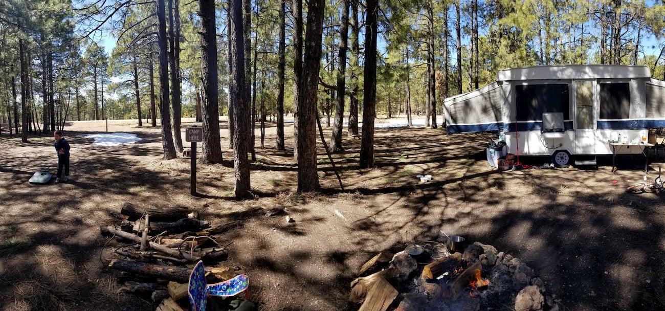 Pop out trailer setup in pine forests beside a campfire.
