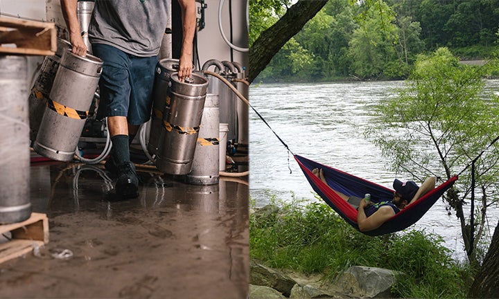 left: brewer carrying kegs of beer, right: camper lounging in a hammock with a beer