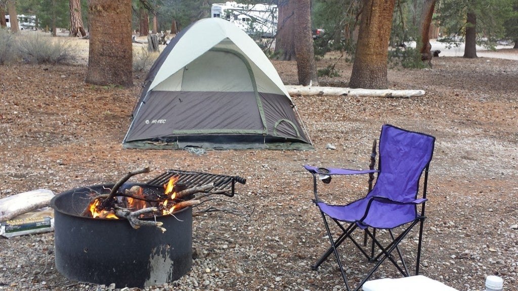 a tent on a forest floor with a camping chair and fire set up