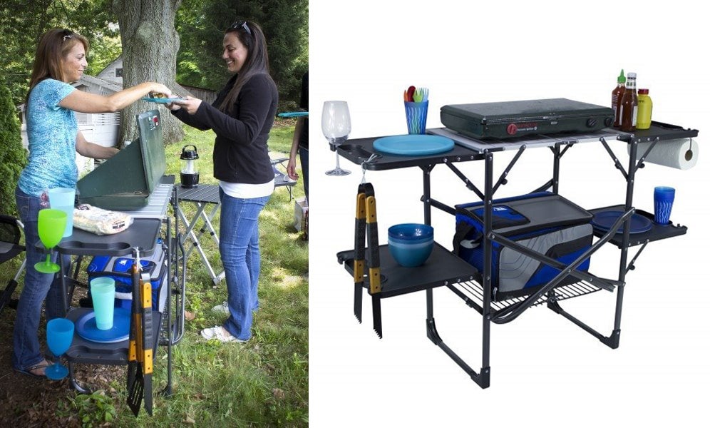 Left: Woman enjoying meal in front of barbecue. Right: GCI Slim-Fold Cook Station