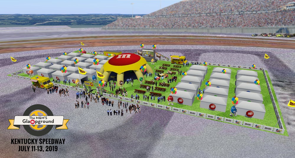 A graphic representing the M&M's Glampground in a racetrack