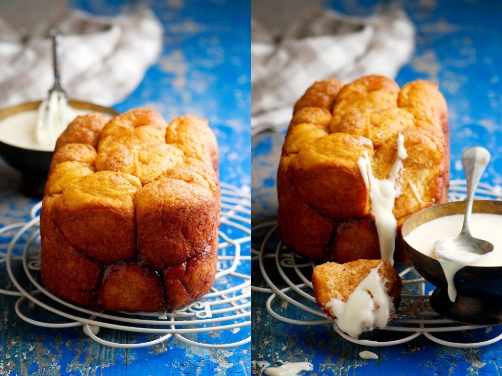 side by side photo of monkey bread clump fresh out of the oven and with icing drizzled over it