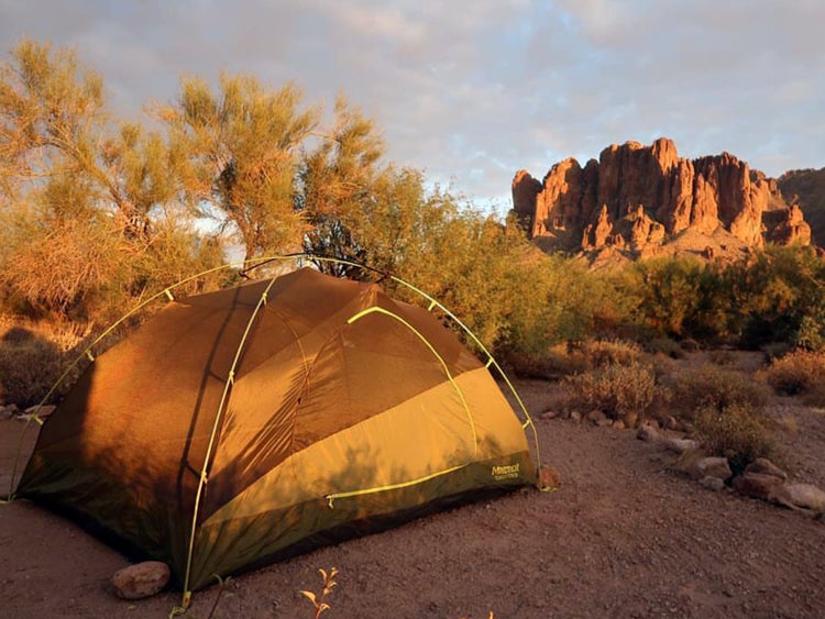 a tent on a campsite at dusk in arizona
