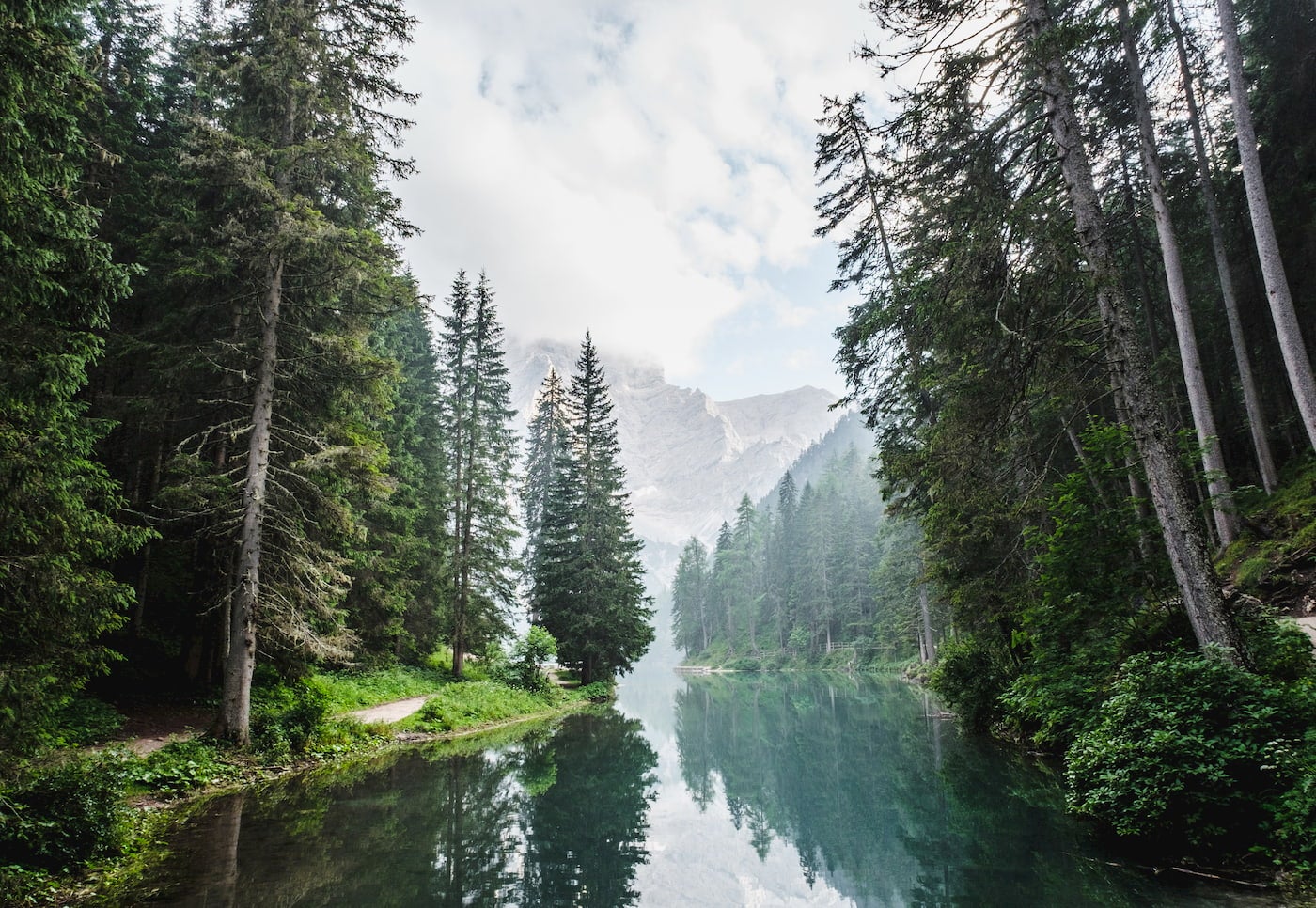 Still lake surrounded by evergreens in the Alps.