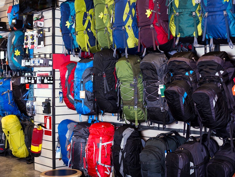 backpacks at gear shop