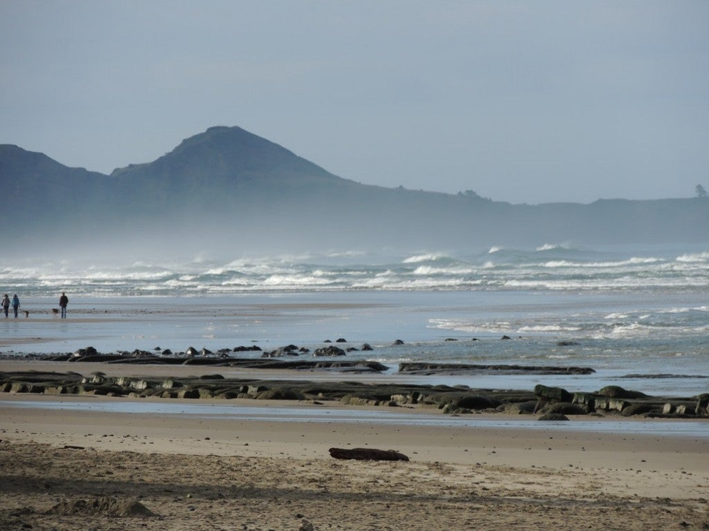 the sandy oregon coast with a mountain in the background