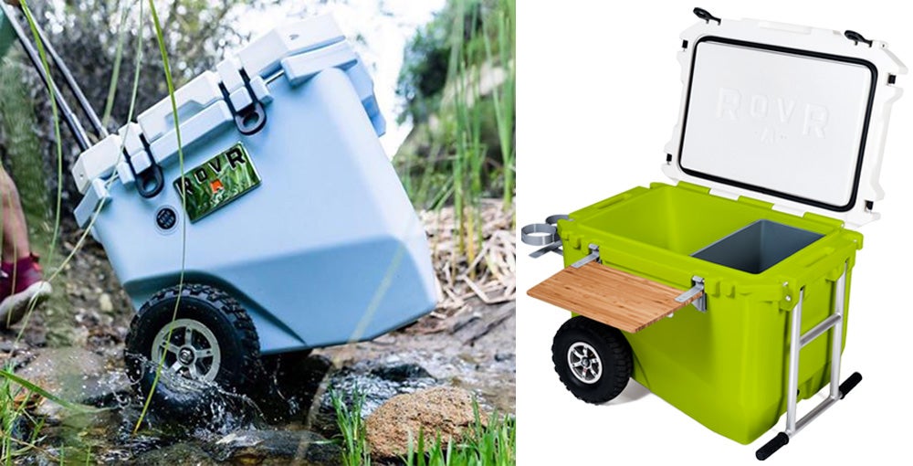 Left: Cooler rolling through creek. Right: ROVR cooler