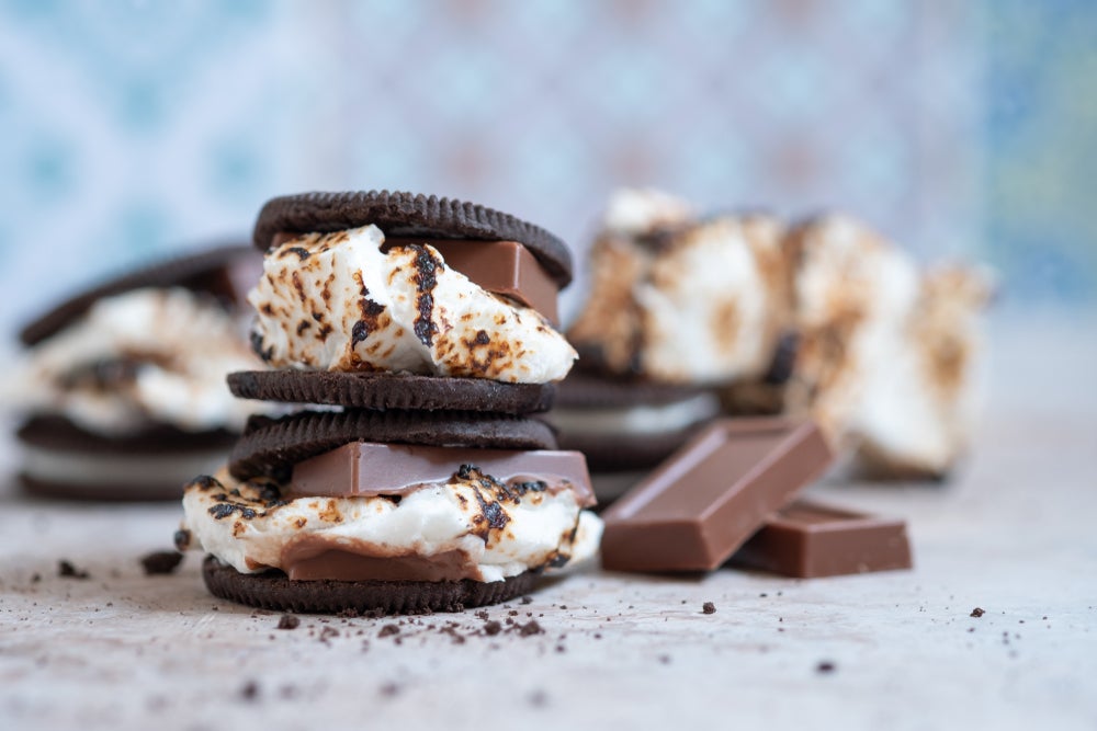 an oreo cookie stuffed with chocolate and marshmallow